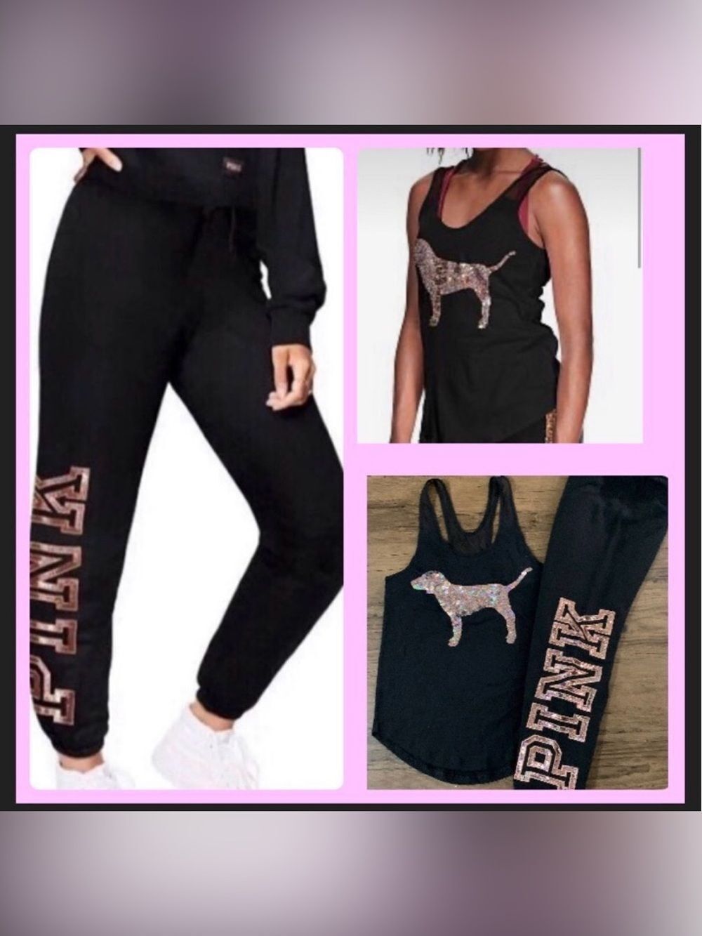 PINK VICTORIA’S SECRET ROSEGOLD BLING DOG MESH TANK / JOGGERS OUTFIT SET LARGE
